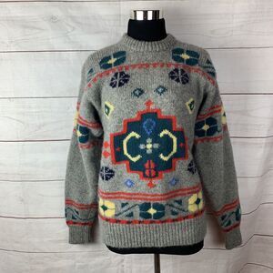 Unisex Shetland wool sweater pullover Large Medium 8 10 Gray Floral aztec Tribal